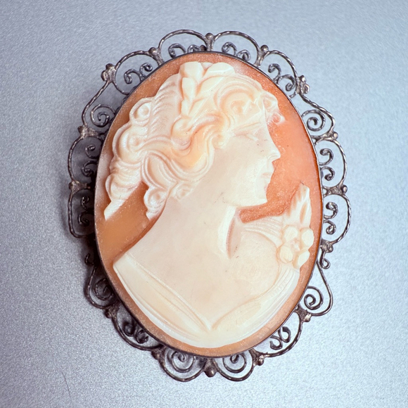 Jewelry - Antique Shell Cameo Sterling Silver 925 Lace Scroll Brooch Pendant Victorian Era